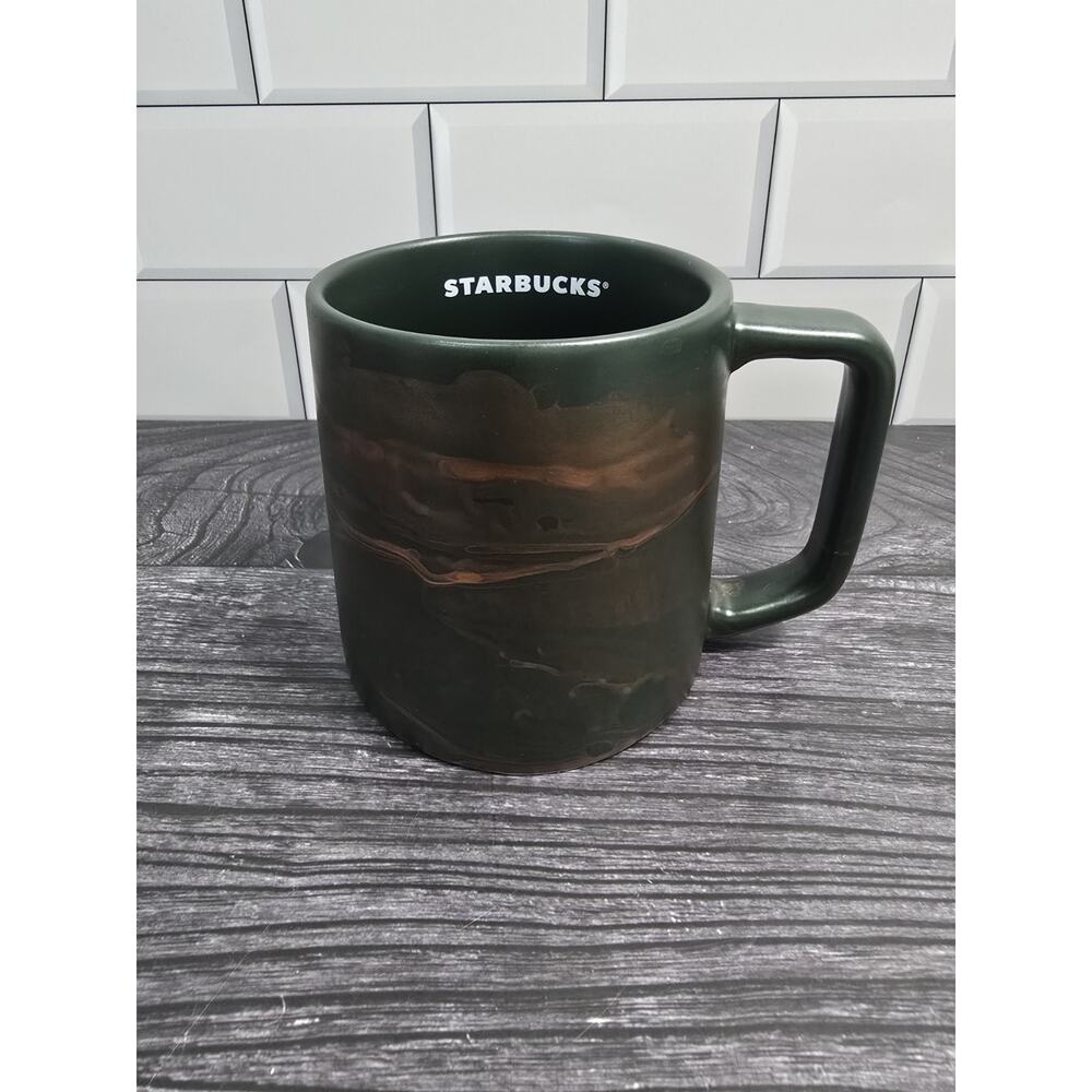 Starbucks 2022 Marbled Dark Green and Copper Swirl Ceramic Mug 12oz EUC